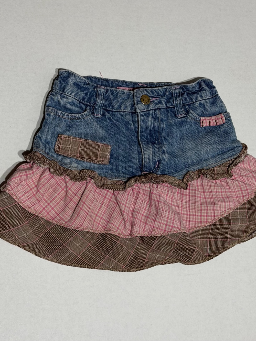 “Thats So Raven” Denim and Pink Plaid Ruffle Skirt